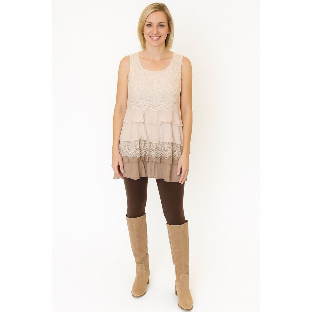 Paisley Grace Top Tunic Size M Beige Brown Ruffled Sleeveless BoHo